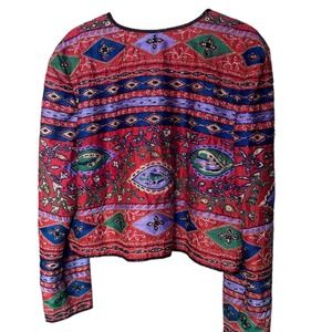 Niteline Della Roufogali VINTAGE Silk Jacket L Red Geometric Print Embroidered